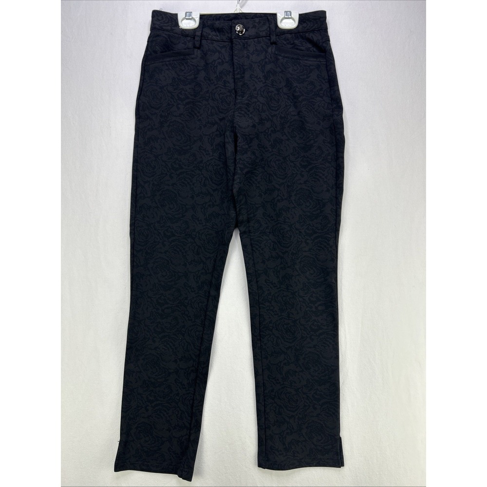Simon Chang Pants Size 4 Black Rose Floral Print Dress Stretch Casual Trousers